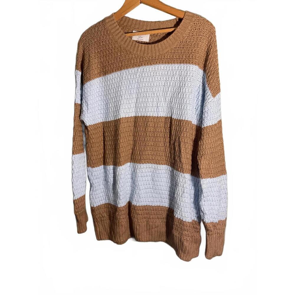 Cozy Striped Knit Sweater - Brown & Light Blue Large NWT